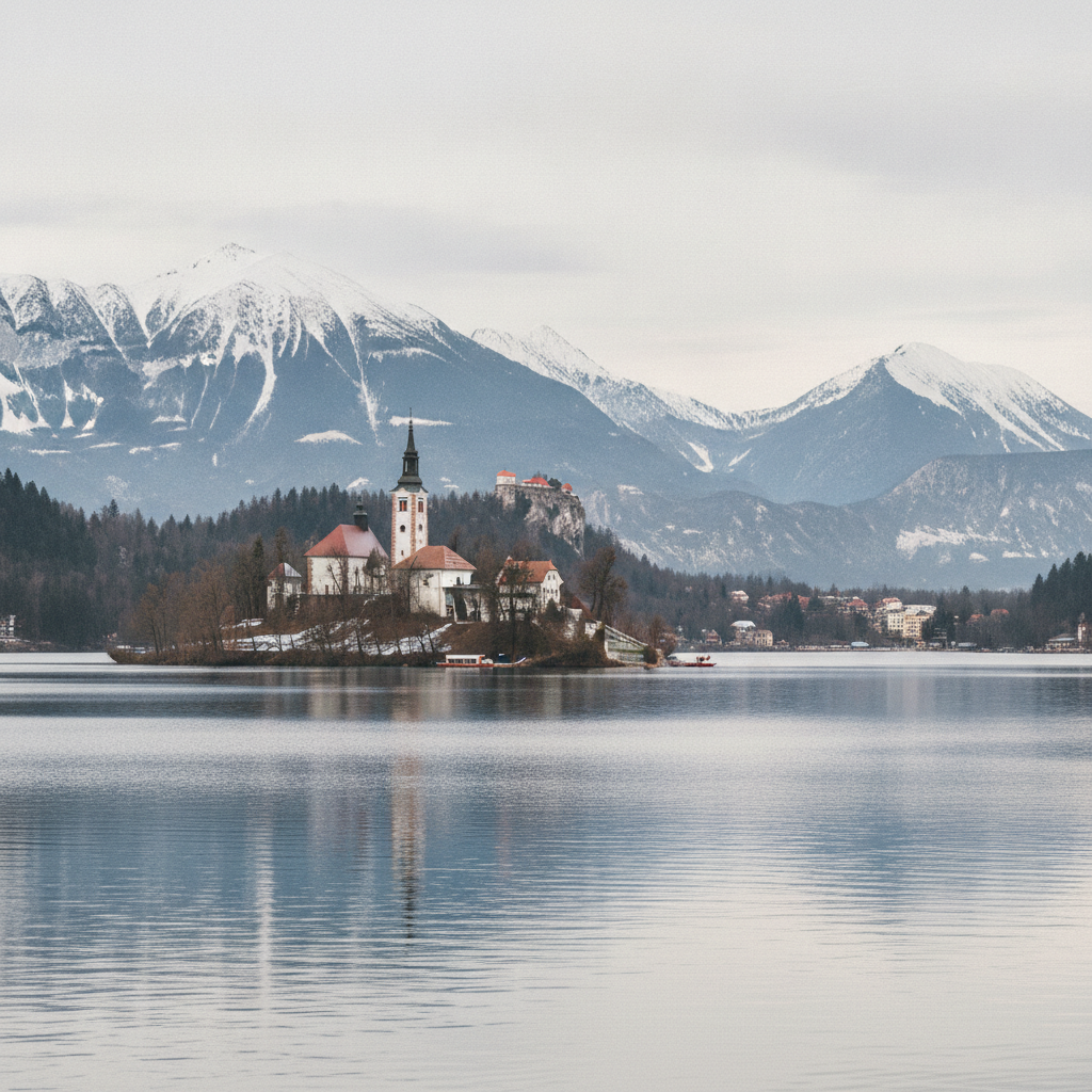 Slovenia's Lake Bled in Early Spring Draws Almost No Visitors While the Alps Still Hold Their Winter Snow
